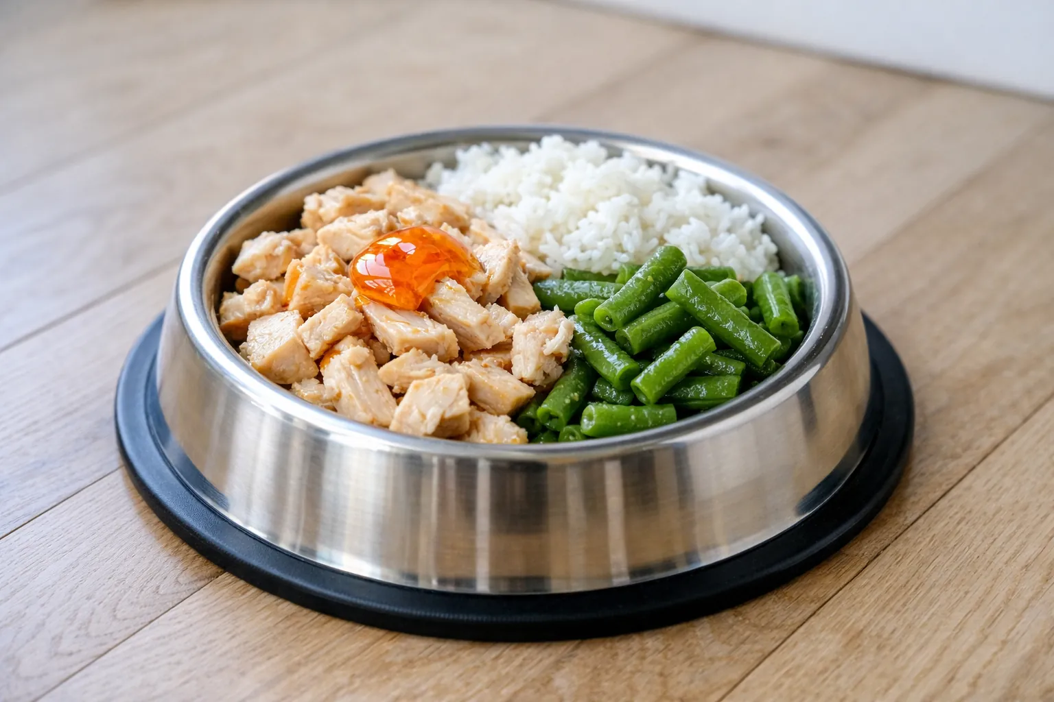 Gamelle en inox contenant une portion de ration ménagère allégée — poulet émincé, haricots verts, riz blanc, filet d'huile de saumon