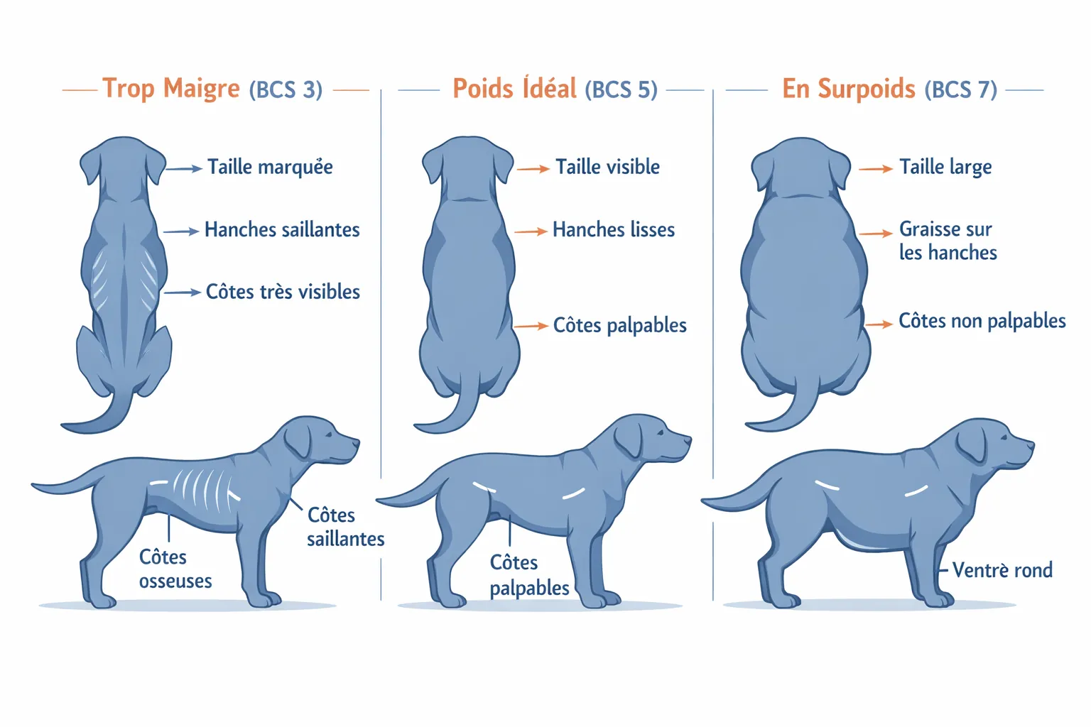 schéma évaluation surpoids labrador vue de dessus et de profil