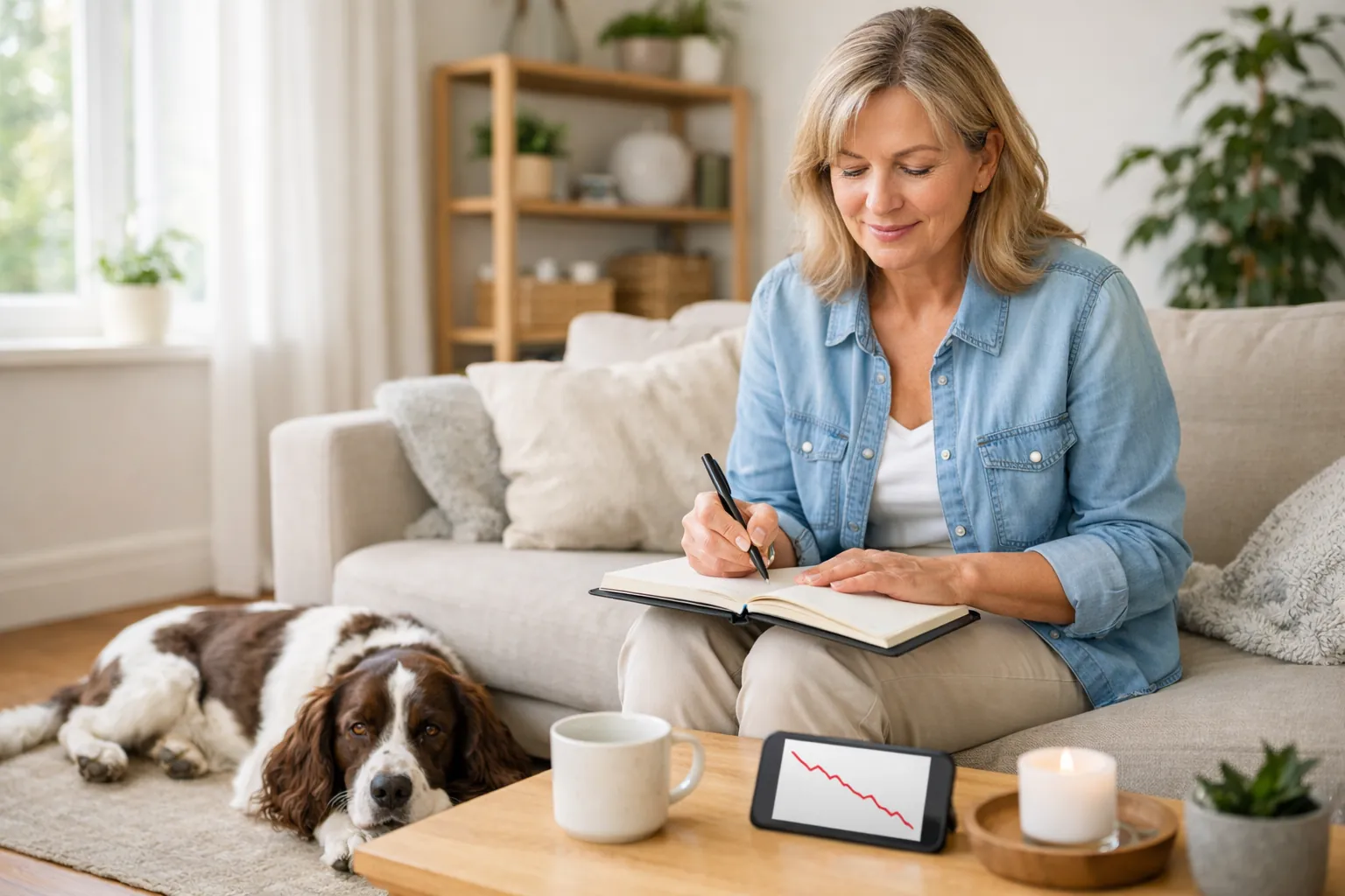 Femme notant le poids de son chien dans un carnet de suivi, épagneul allongé à côté, smartphone avec courbe descendante sur table