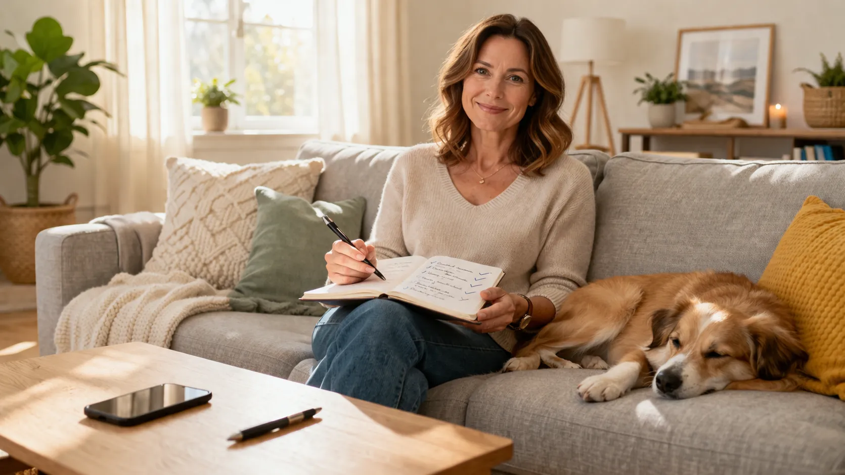 Propriétaire tenant un carnet de suivi assis à côté de son chien dans un salon lumineux, ambiance motivante et organisée