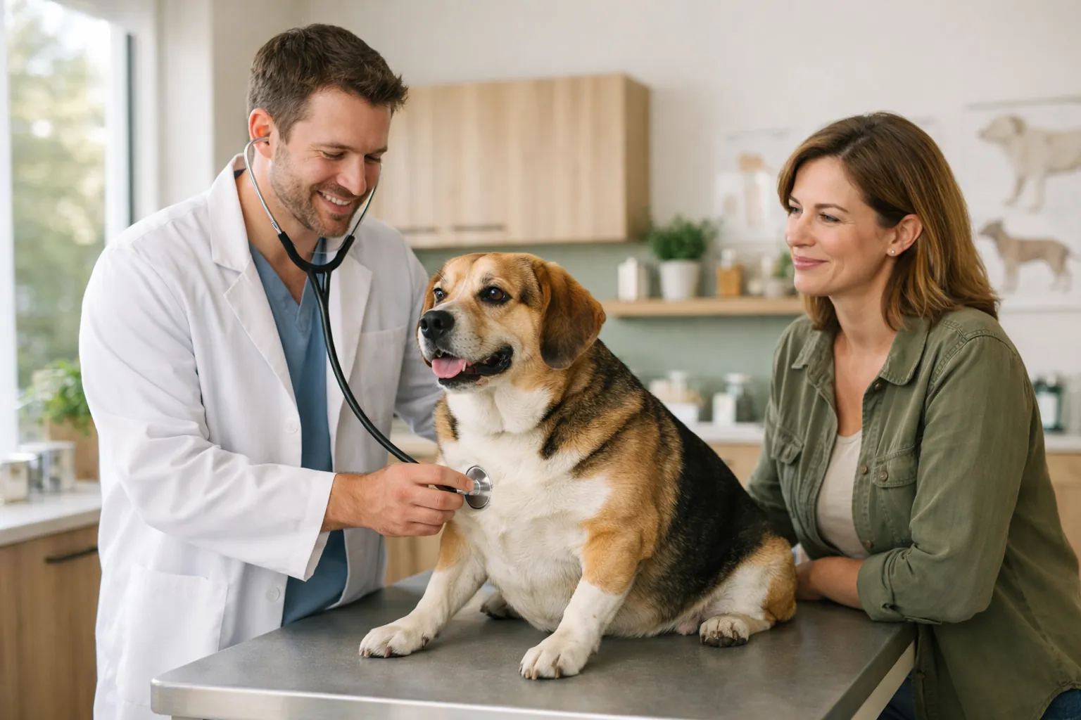 Vétérinaire auscultant un chien en léger surpoids avec un stéthoscope, propriétaire attentif à côté, ambiance chaleureuse de cabinet vétérinaire moderne