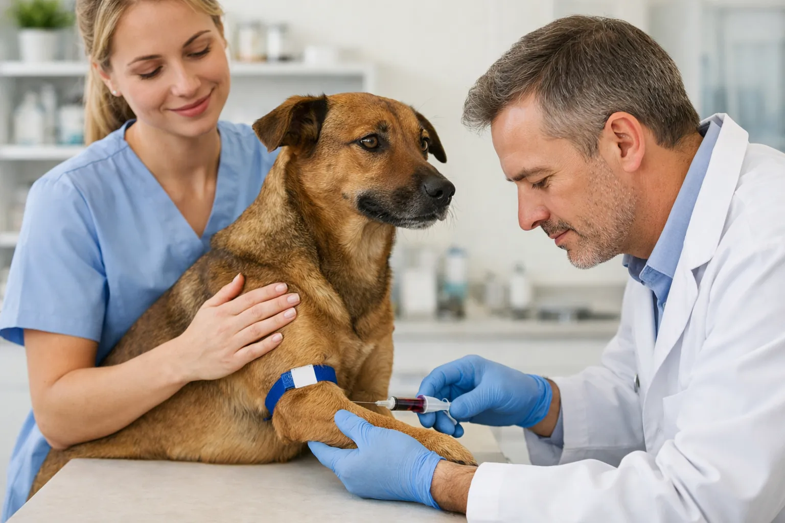 Vétérinaire prélevant un échantillon sanguin sur un chien senior calme, tenu par un auxiliaire — ambiance professionnelle et rassurante, cabinet lumineux
