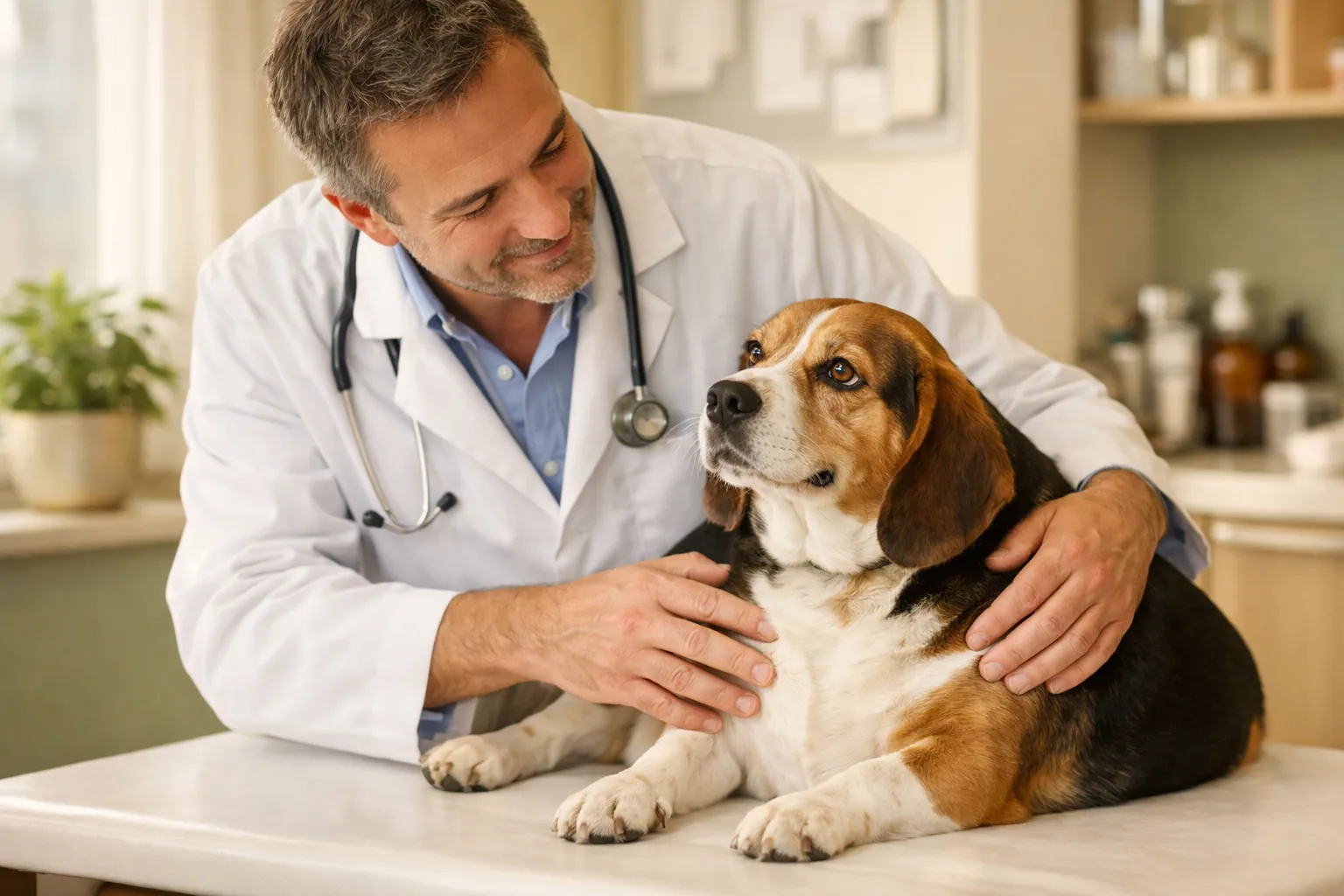 Vétérinaire palpant doucement les côtes d'un chien de taille moyenne en légère surcharge pondérale, sur une table d'examen. Ambiance chaleureuse, lumière douce, le chien est calme et confiant.