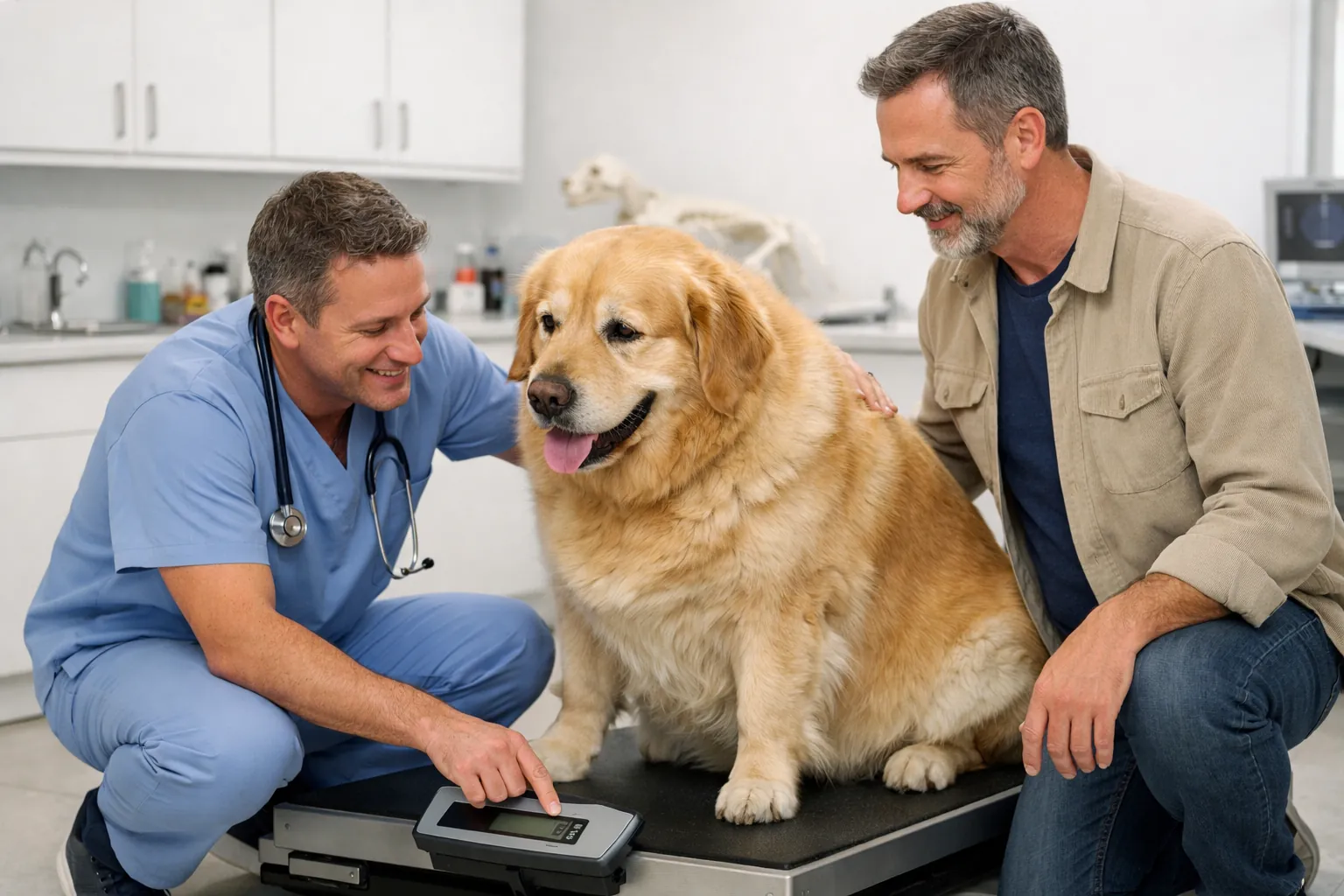 Vétérinaire pesant un golden retriever en surpoids sur balance professionnelle, propriétaire à côté, ambiance cabinet lumineux et rassurant